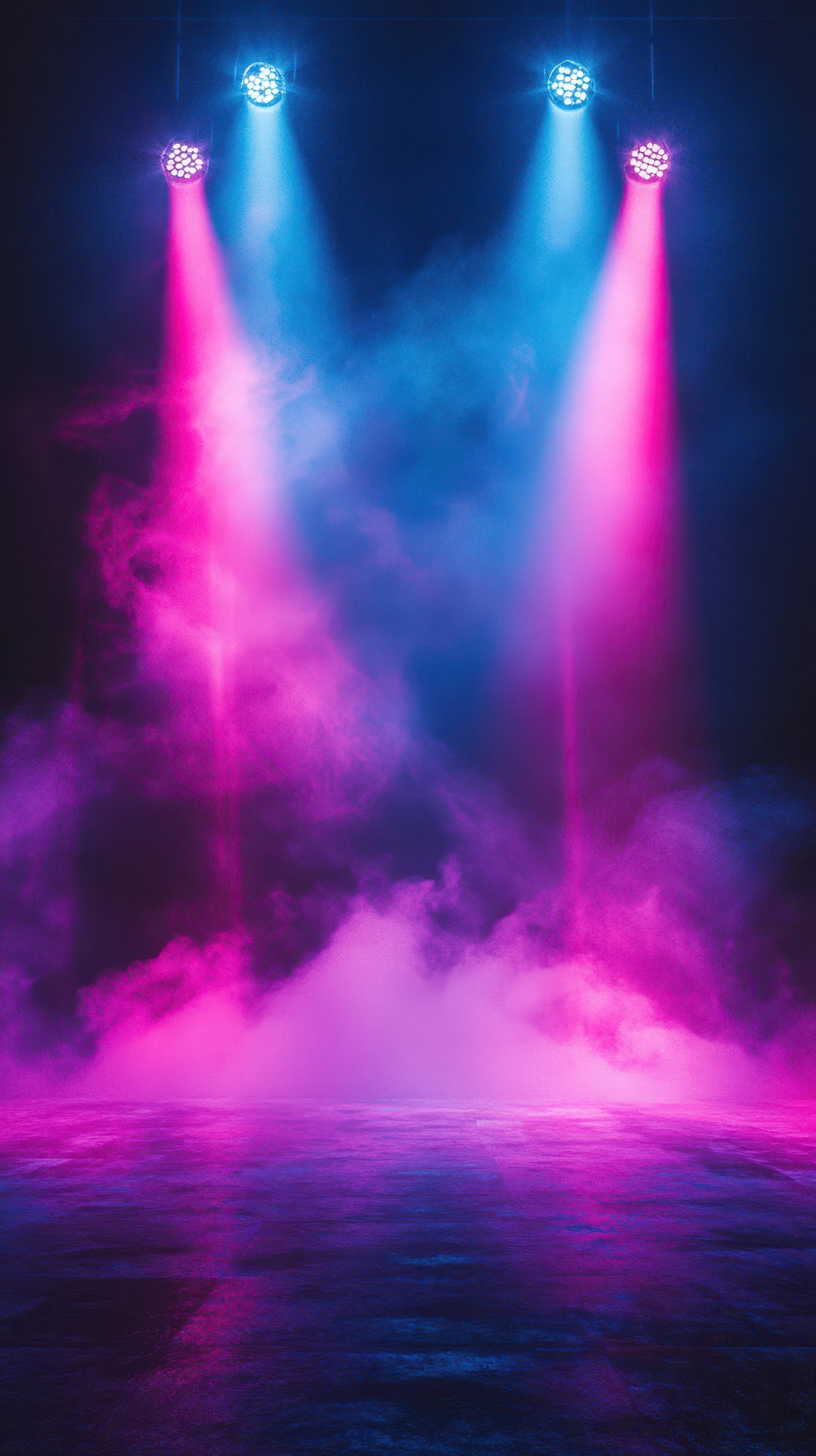 Colorful stage lighting creates an energizing atmosphere for performances in a venue at night with fog effects